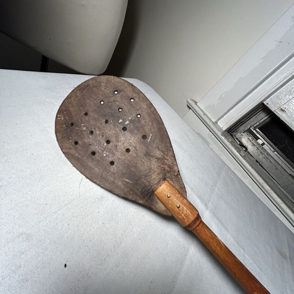 Vintage Wood & Leather Fly Swatter 1940s Insect USA American Made Rustic